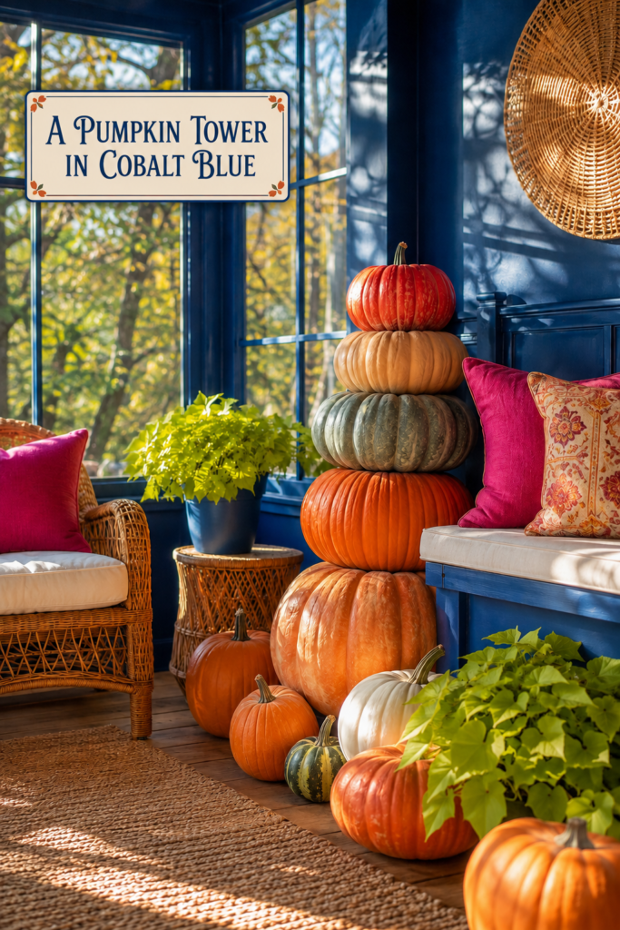 Tower of Orange Pumpkins for Fall in Blue Sunroom