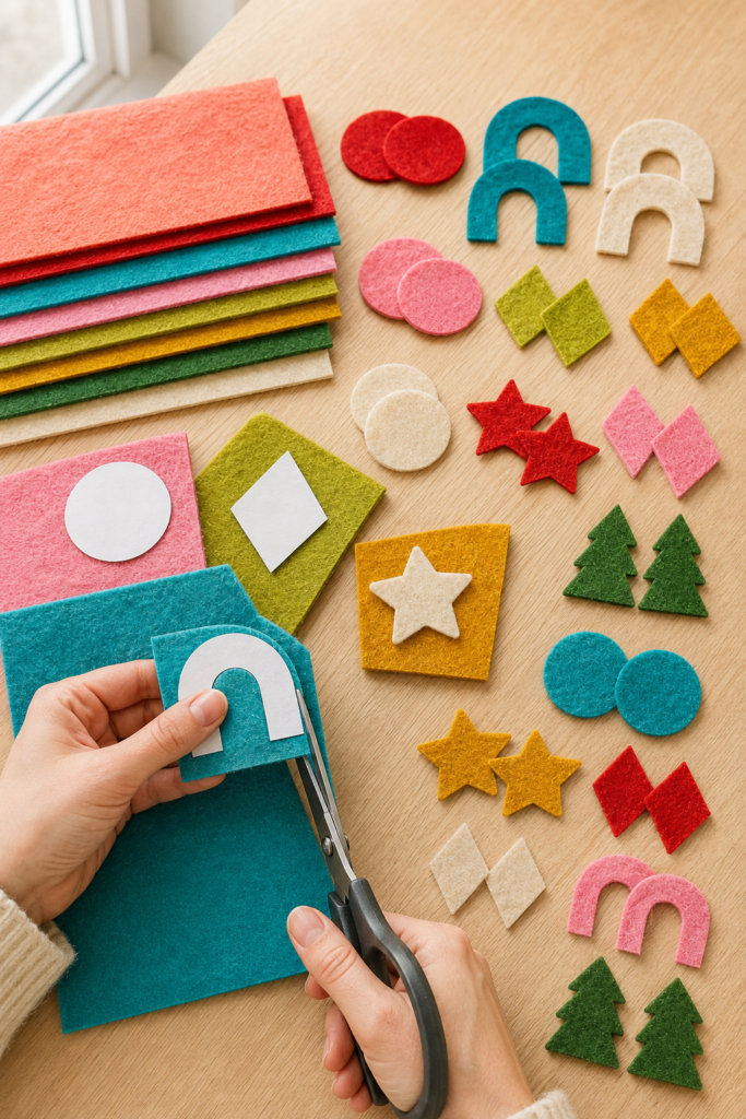 Tracing and cutting colorful felt ornament shapes