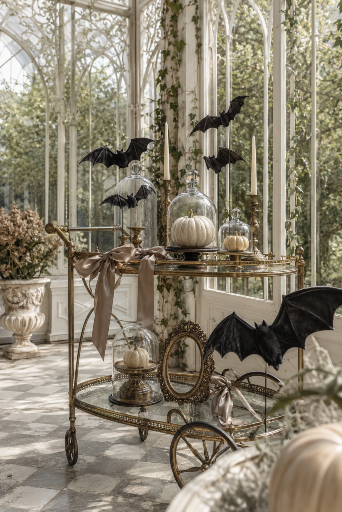 Velvet bat Halloween tea cart with glass cloches ivory pumpkins and brass candlesticks in a sunlit conservatory