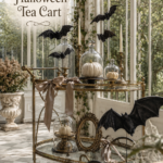 Elegant conservatory Halloween cart beneath Velvet Bat Halloween Tea Cart title with bats pumpkins glass domes and taupe bows