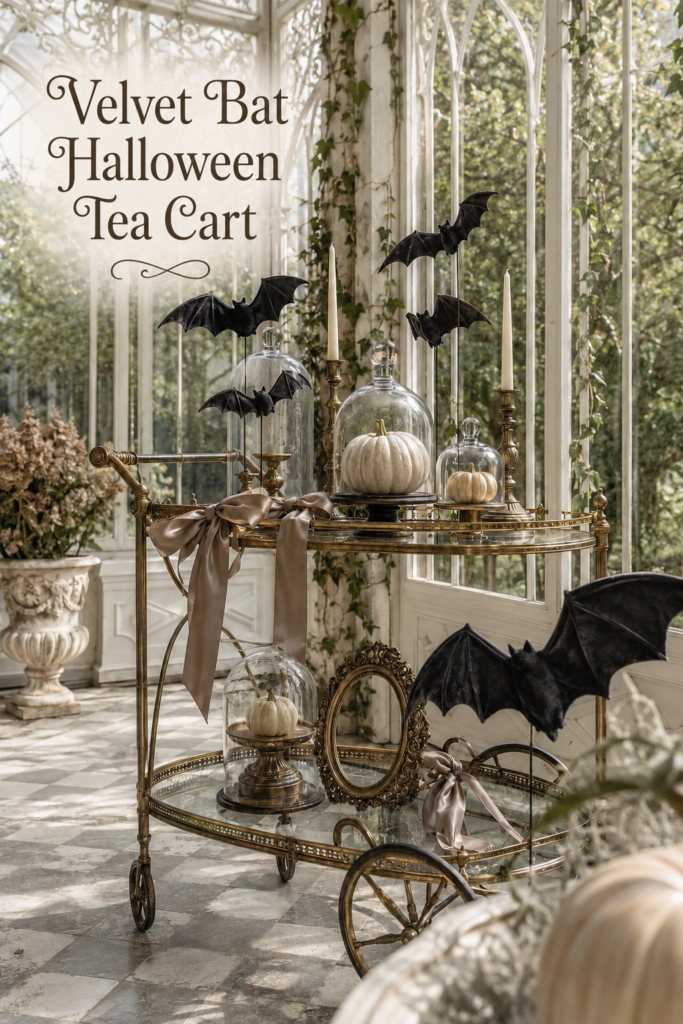 Elegant conservatory Halloween cart beneath Velvet Bat Halloween Tea Cart title with bats pumpkins glass domes and taupe bows