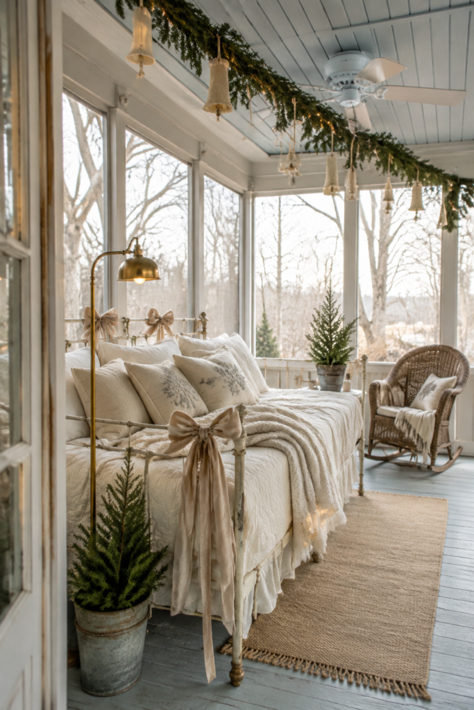 Christmas sleeping porch with ivory bedding champagne velvet bows evergreen garland and hanging fabric bells