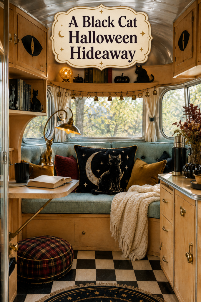 Vintage Camper with Black Cat Halloween Decor