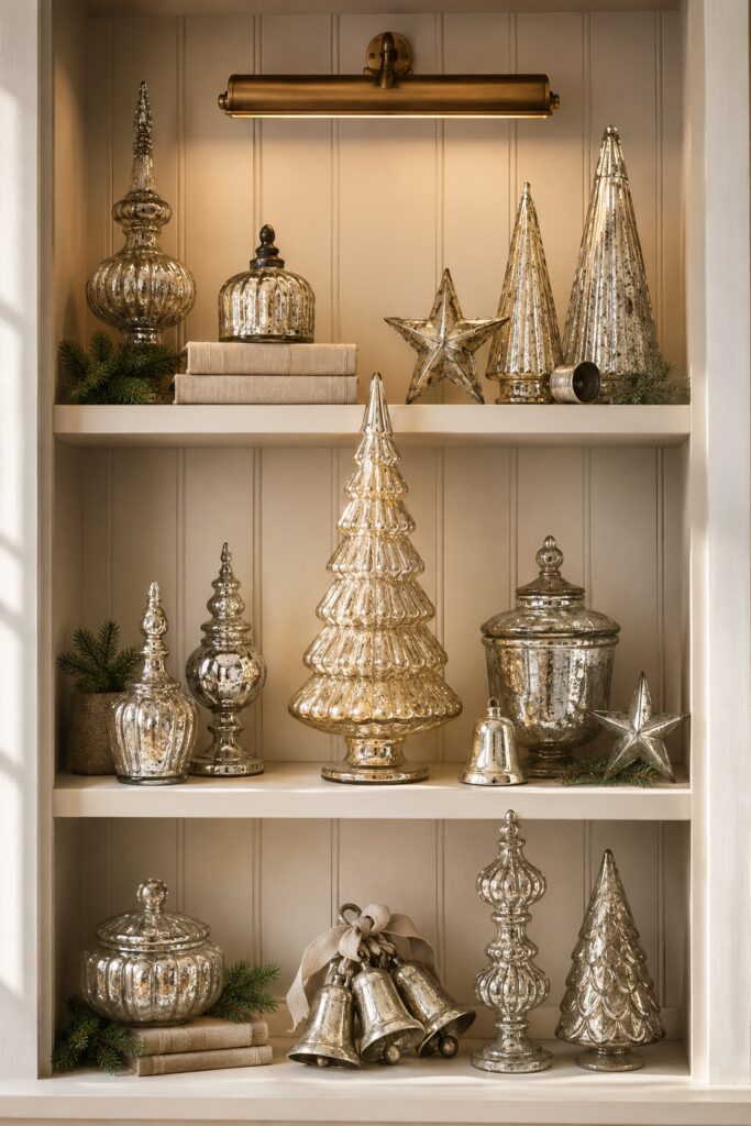 Vintage mercury glass Christmas trees bells stars and jars arranged on illuminated curio shelves