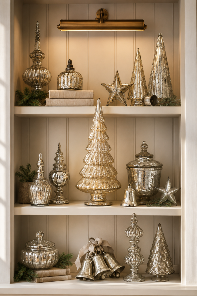Vintage mercury glass Christmas trees bells stars and jars arranged on illuminated curio shelves