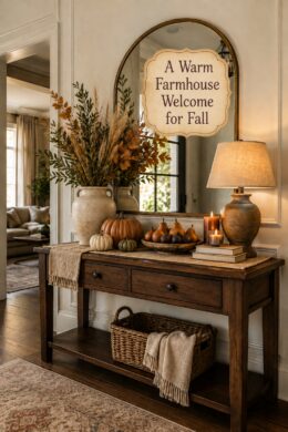 Warm-Fall-Entry-Console-with-Foliage-and-Pumpkins