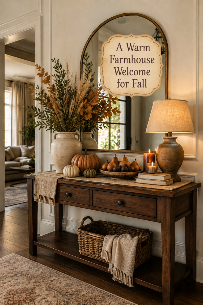 Warm Fall Entry Console with Foliage and Pumpkins