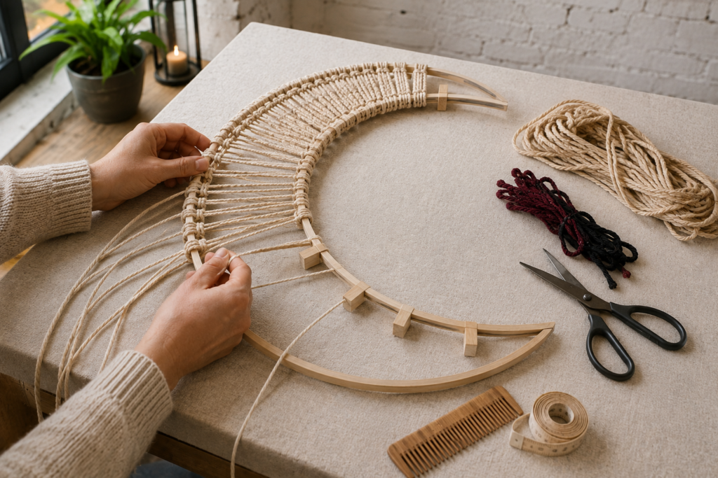 Weaving a crescent wall hanging frame