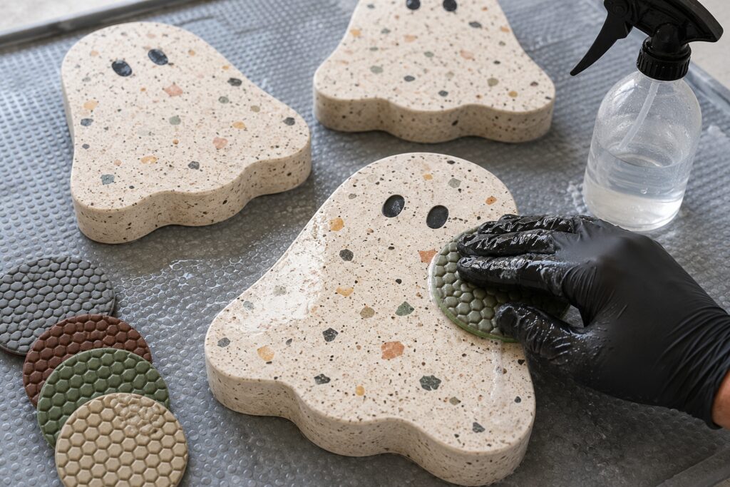 Wet-polishing a speckled ghost stepping stone