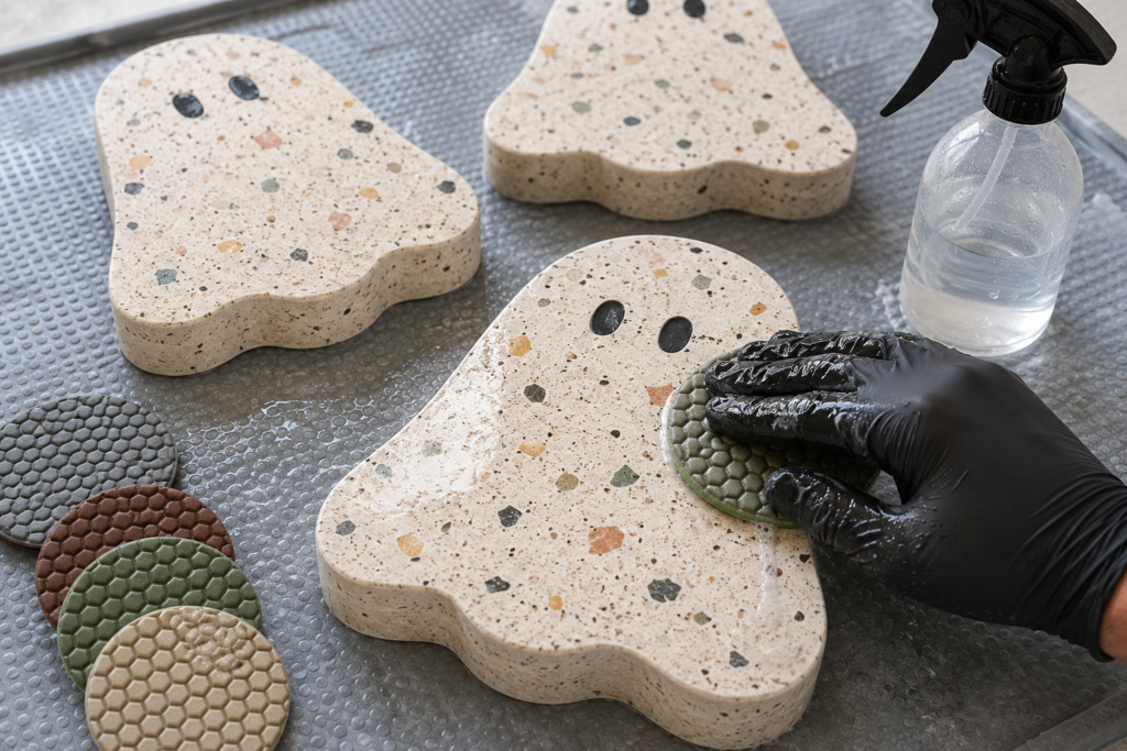 Wet-polishing a speckled ghost stepping stone
