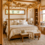 Wheat Garland Fall Canopy Bedroom title above a glowing harvest bed with dried grasses ribbon and cream linens