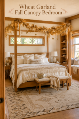 Wheat Garland Fall Canopy Bedroom title above a glowing harvest bed with dried grasses ribbon and cream linens