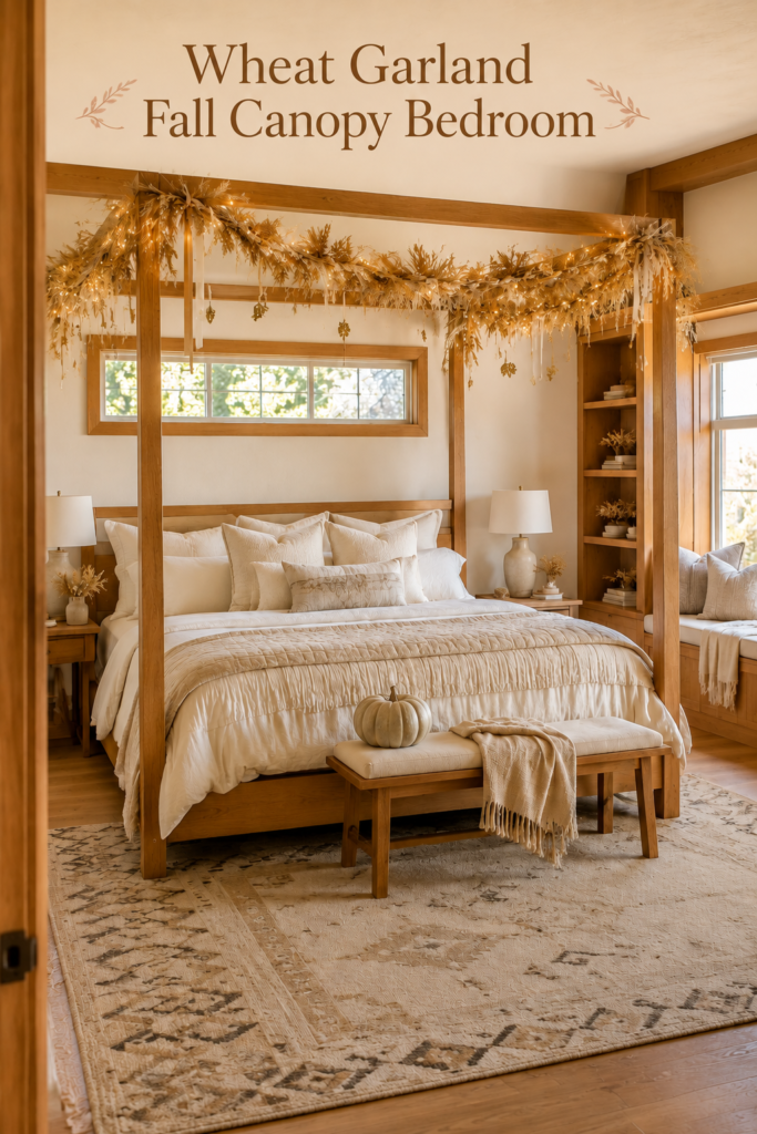 Wheat Garland Fall Canopy Bedroom title above a glowing harvest bed with dried grasses ribbon and cream linens