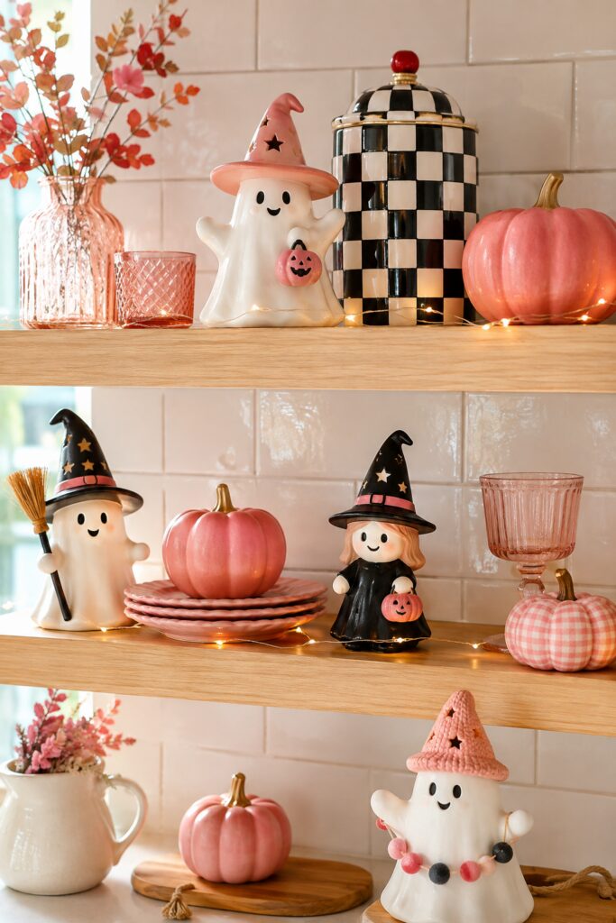 Pink Halloween kitchen shelves with ghosts and witches