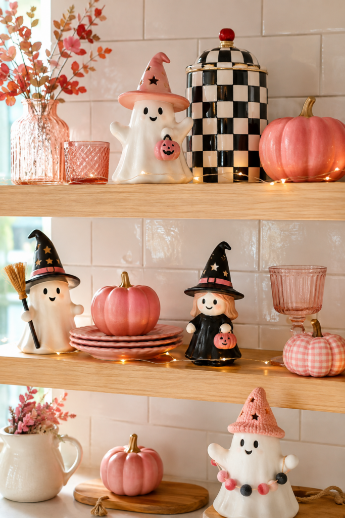 Pink Halloween kitchen shelves with ghosts and witches