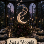White Moths and Moon on Dark Halloween Tablescape