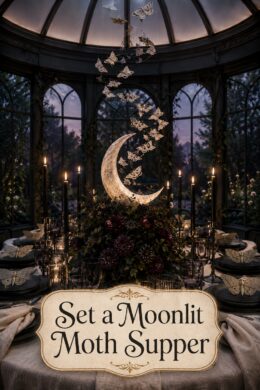 White Moths and Moon on Dark Halloween Tablescape