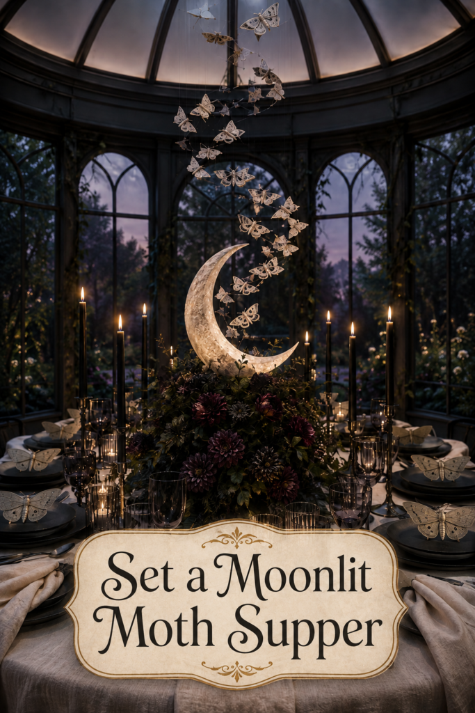 White Moths and Moon on Dark Halloween Tablescape