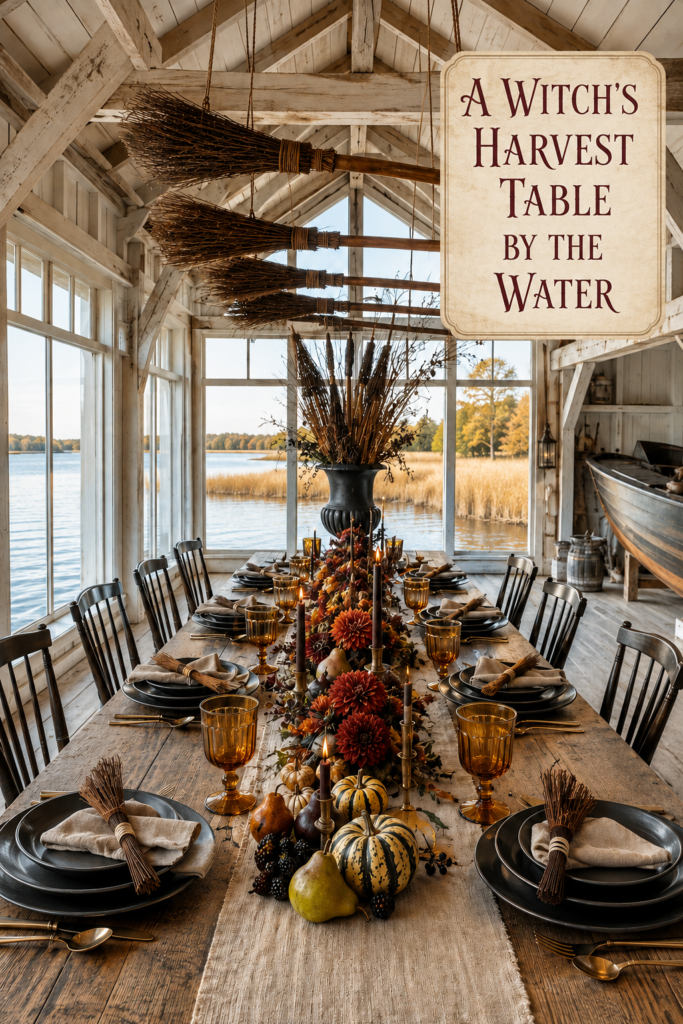 Witch Harvest Halloween Table with Brooms and Pumpkins