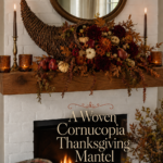 Woven Wicker Cornucopia Stuffed with Fall Florals on Mantel