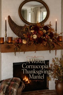 Woven Wicker Cornucopia Stuffed with Fall Florals on Mantel