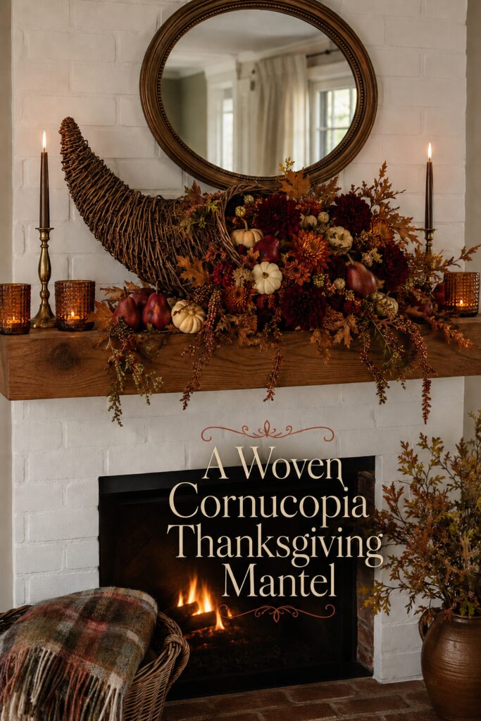 Woven Wicker Cornucopia Stuffed with Fall Florals on Mantel
