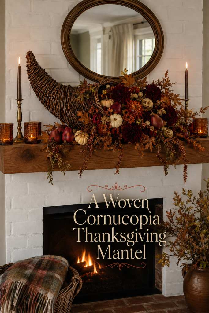 Woven Wicker Cornucopia Stuffed with Fall Florals on Mantel