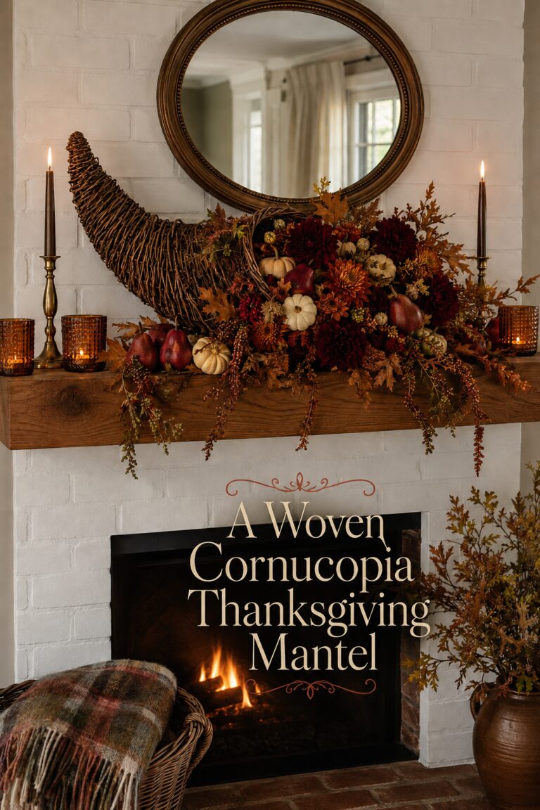 Woven Wicker Cornucopia Stuffed with Fall Florals on Mantel