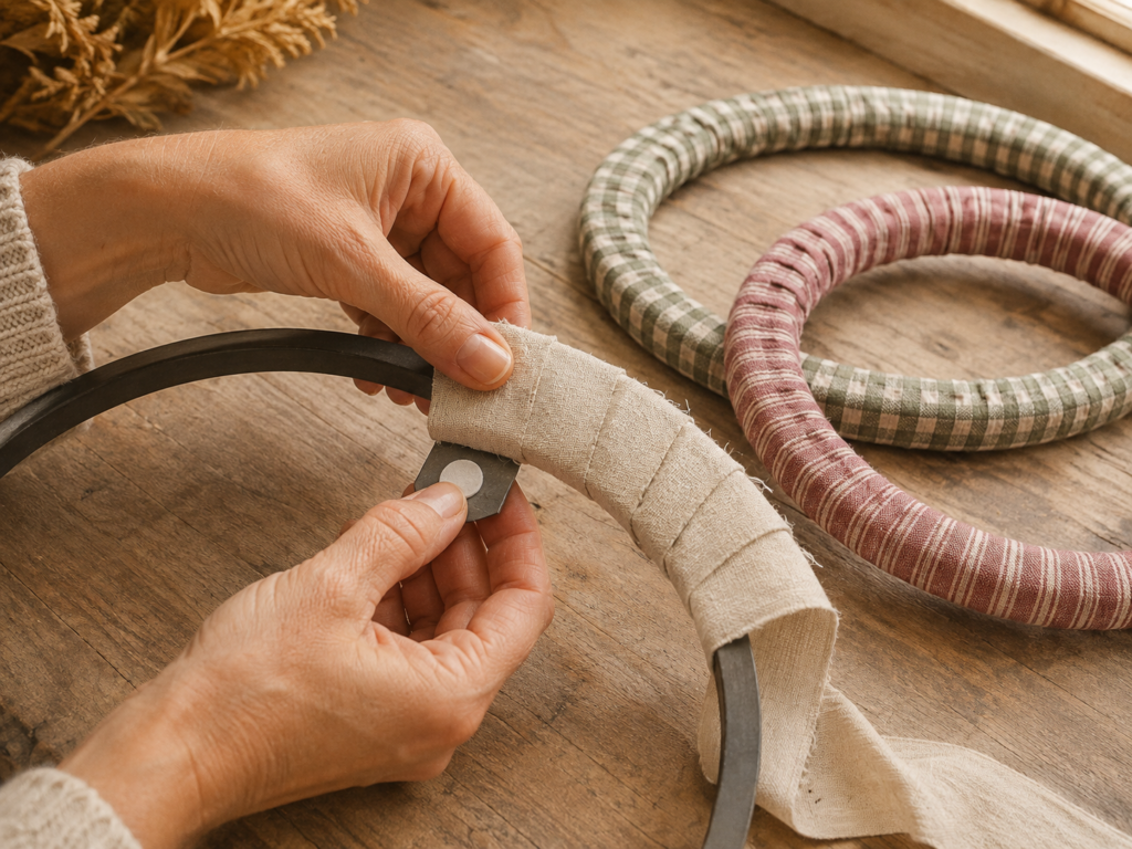 Wrapping a Cream Linen Wreath Hoop