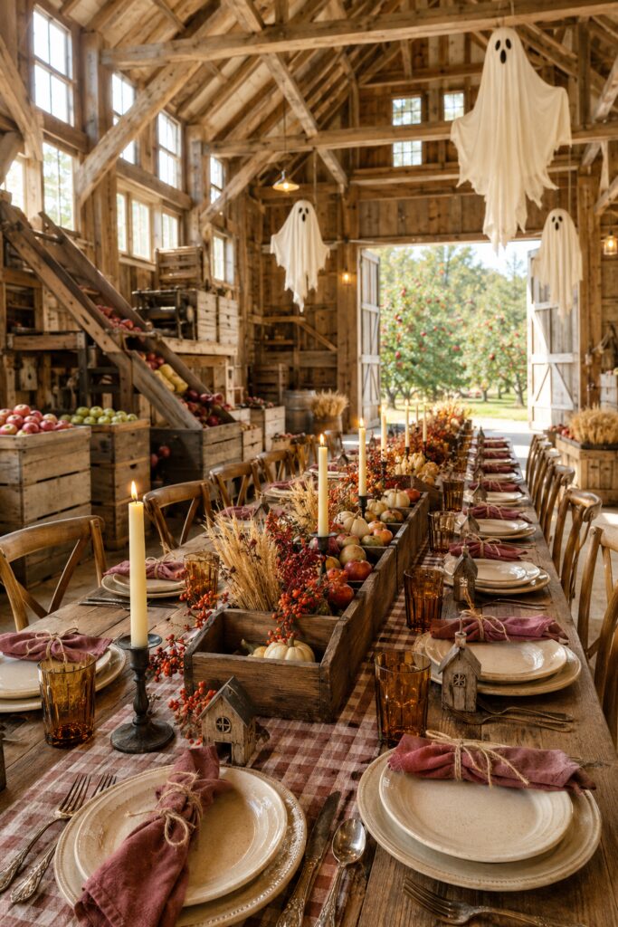 Long harvest table in a bright apple-packing barn with ghosts for Halloween