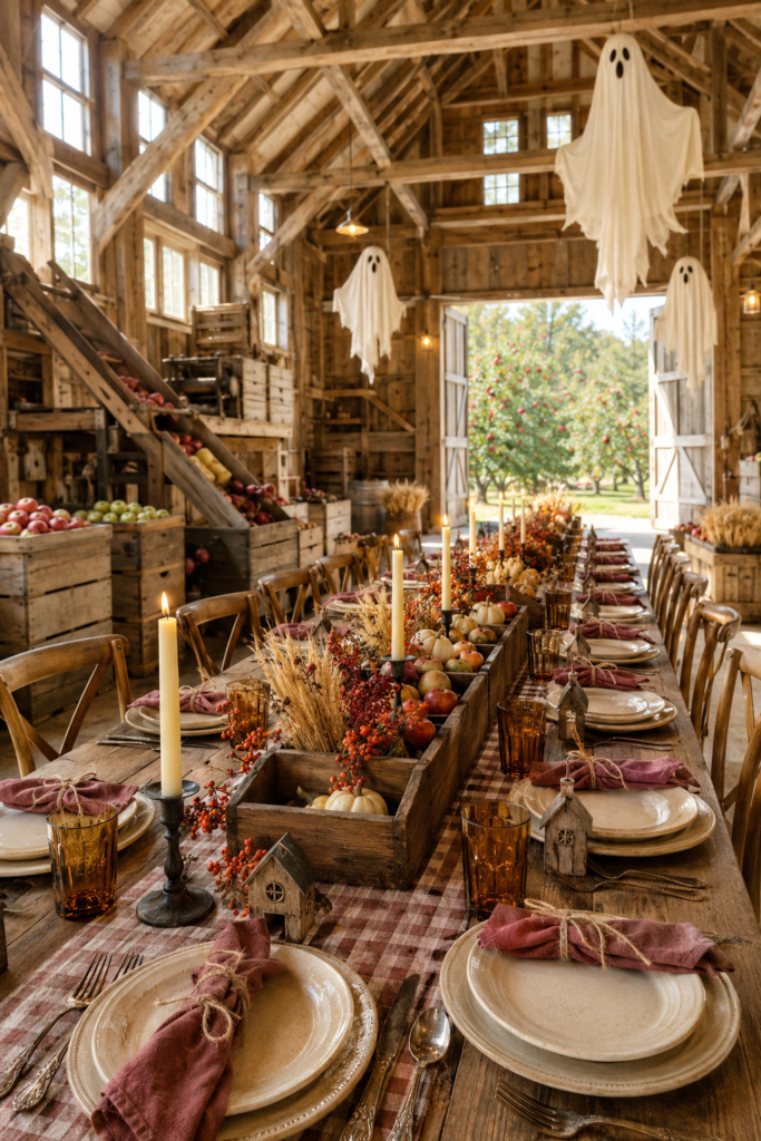 Long harvest table in a bright apple-packing barn with ghosts for Halloween