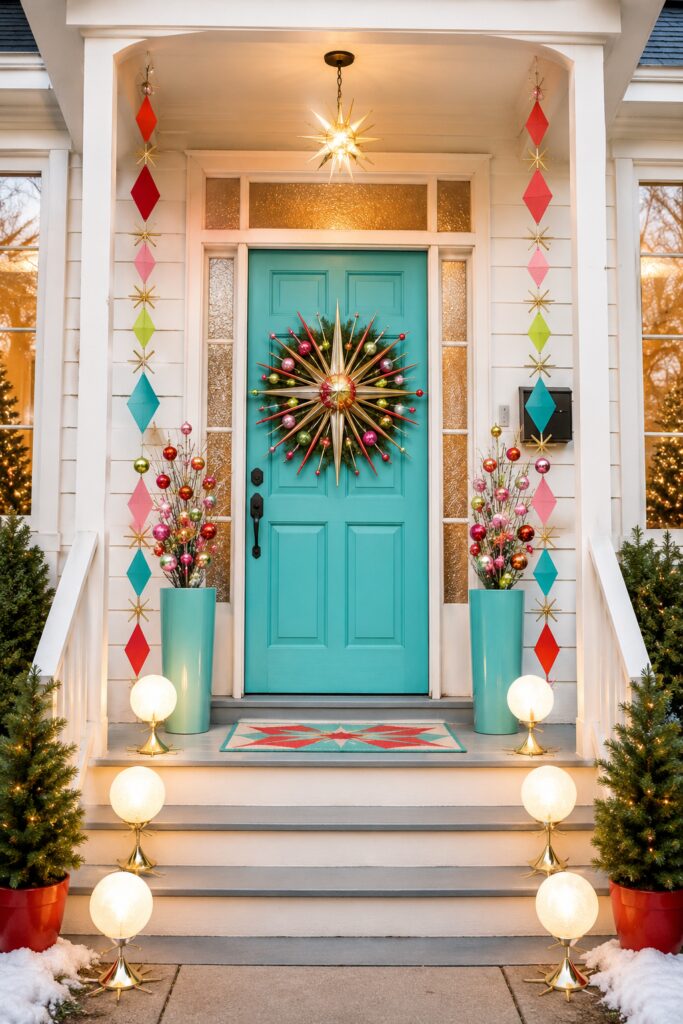 Atomic Christmas front porch with turquoise door starburst wreath jewel tone ornaments and glowing globe lights