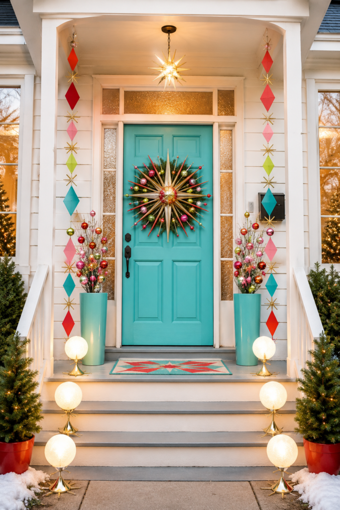 Atomic Christmas front porch with turquoise door starburst wreath jewel tone ornaments and glowing globe lights