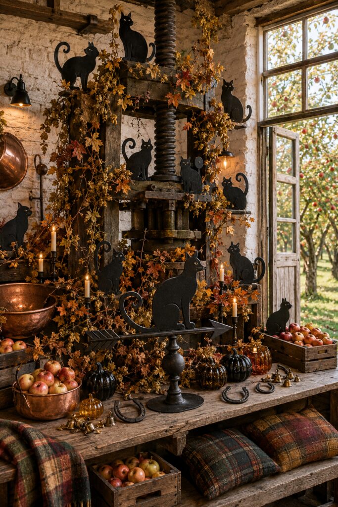 Black cat harvest decor around antique cider press