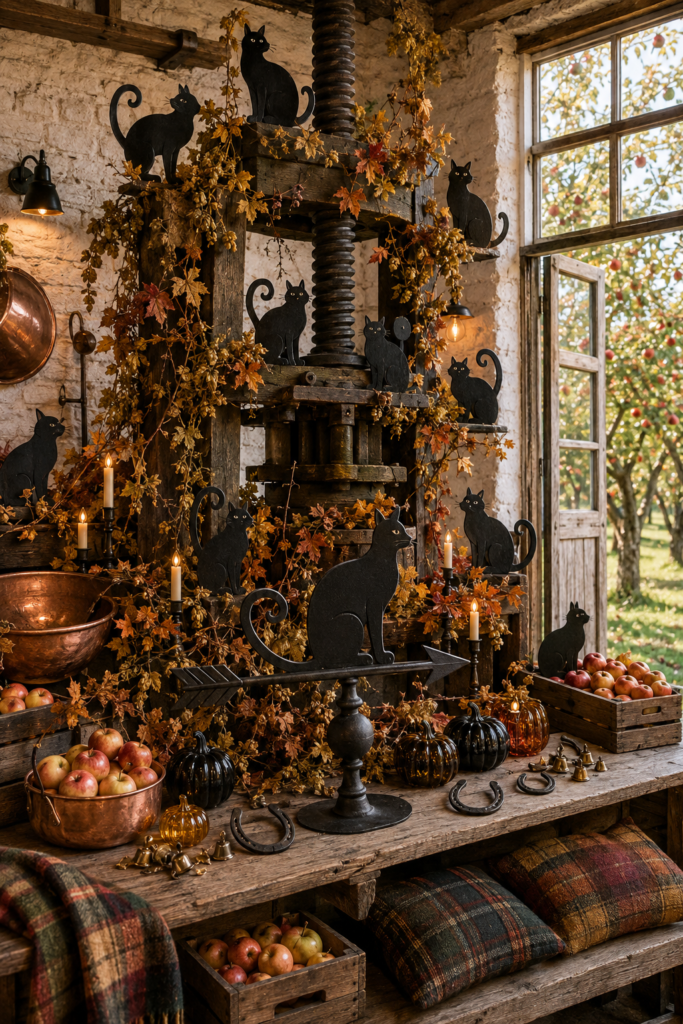 Black cat harvest decor around antique cider press
