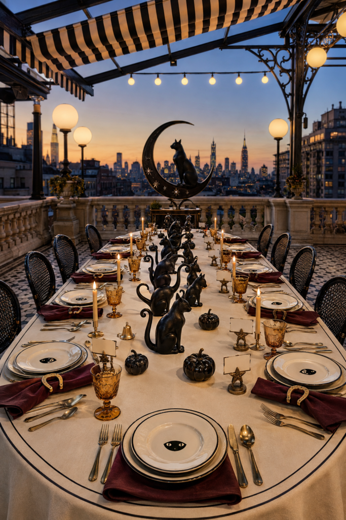 Black cat Halloween tablescape on vintage rooftop terrace