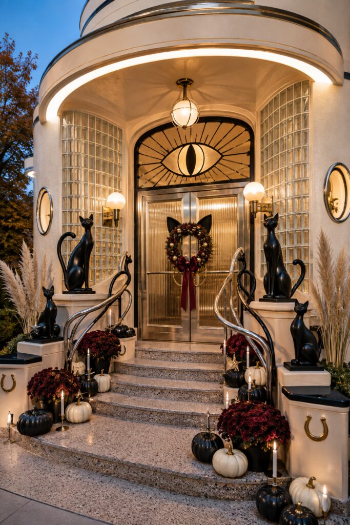 Black cat Halloween decor on Streamline Moderne entry