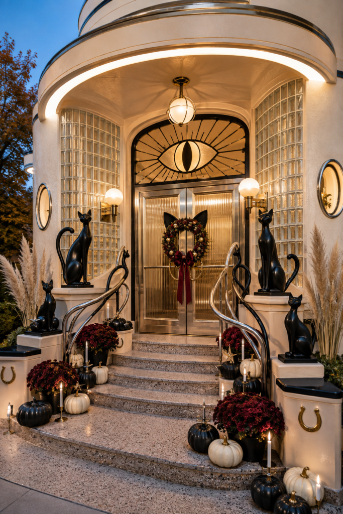Black cat Halloween decor on Streamline Moderne entry