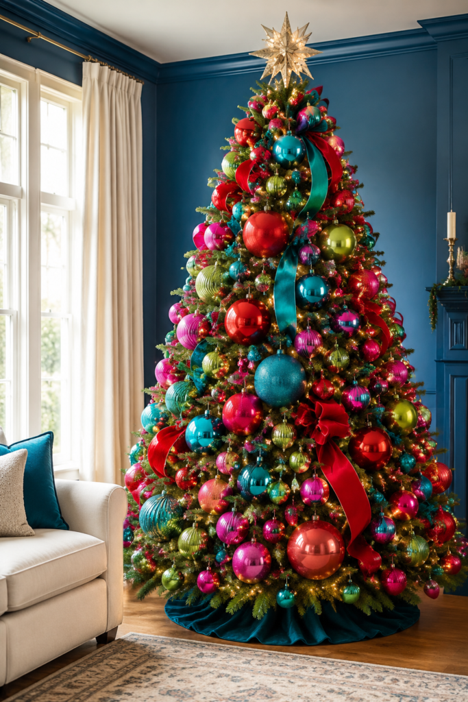oversized jewel tone ornaments and velvet ribbon covering a lavish Christmas tree
