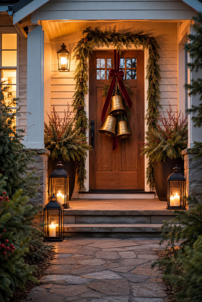 Oversized Brass Bells and Evergreen Christmas Entry
