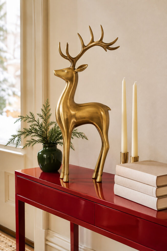 Sculptural Brass Reindeer on a Cherry-Red Console
