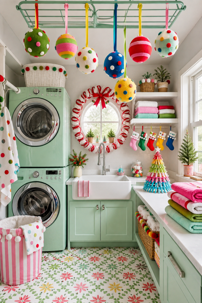 Brightly candy-colored Christmas decorated laundry room