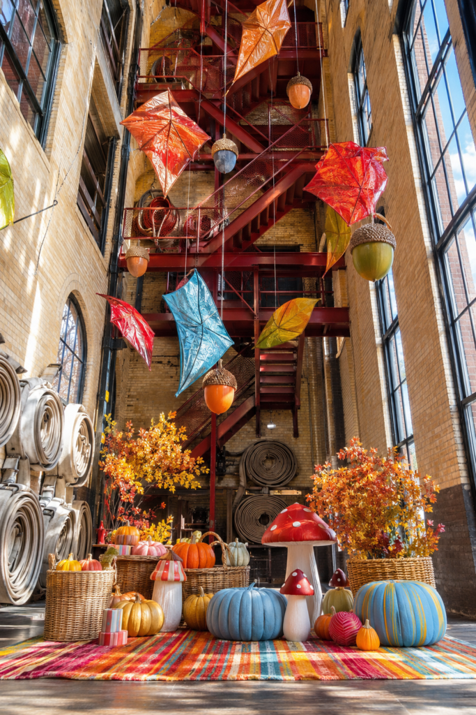 large paper fall leaves in a firehouse tower
