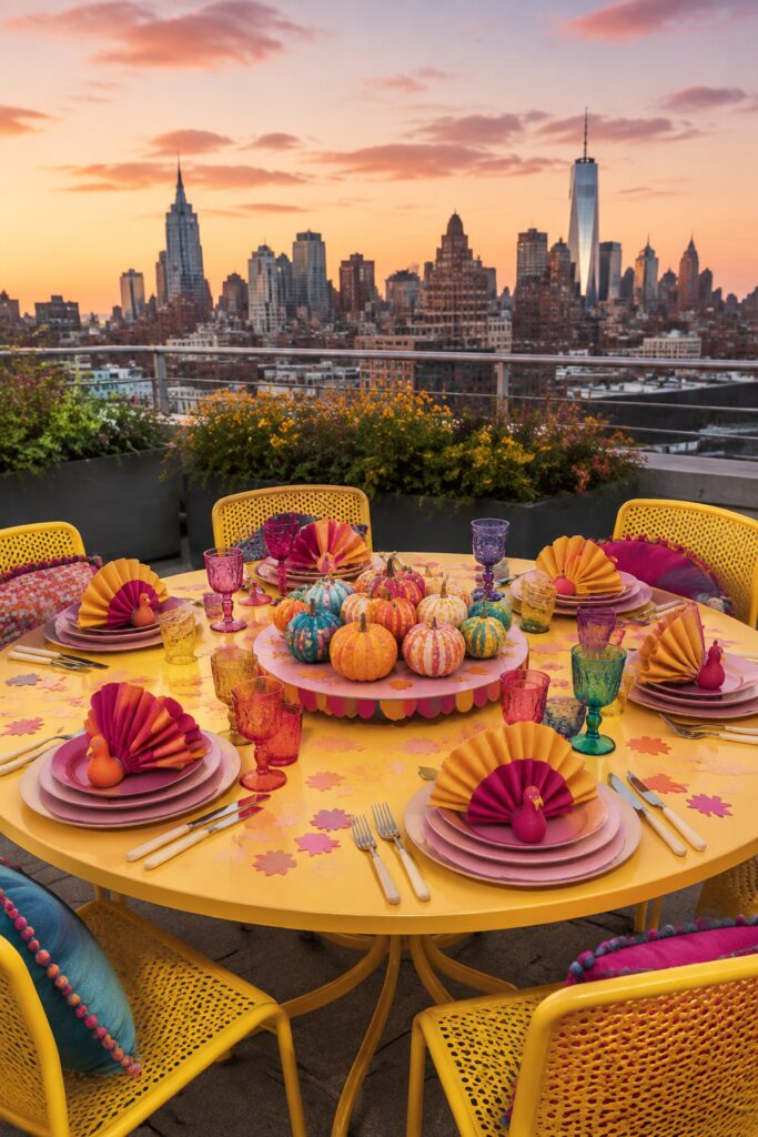 Bright yellow and berry Thanksgiving table decor on rooftop patio