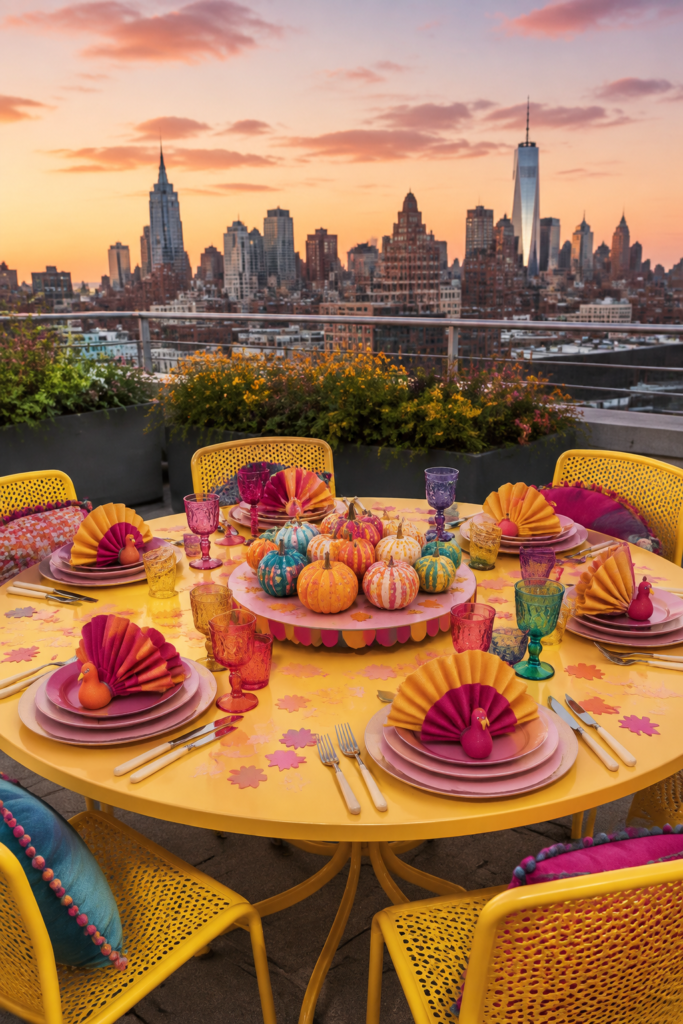 Bright yellow and berry Thanksgiving table decor on rooftop patio