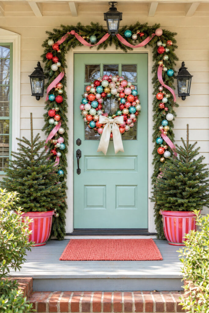 Candy colored Christmas porch decoration with large ornaments on garland and dark green wreath