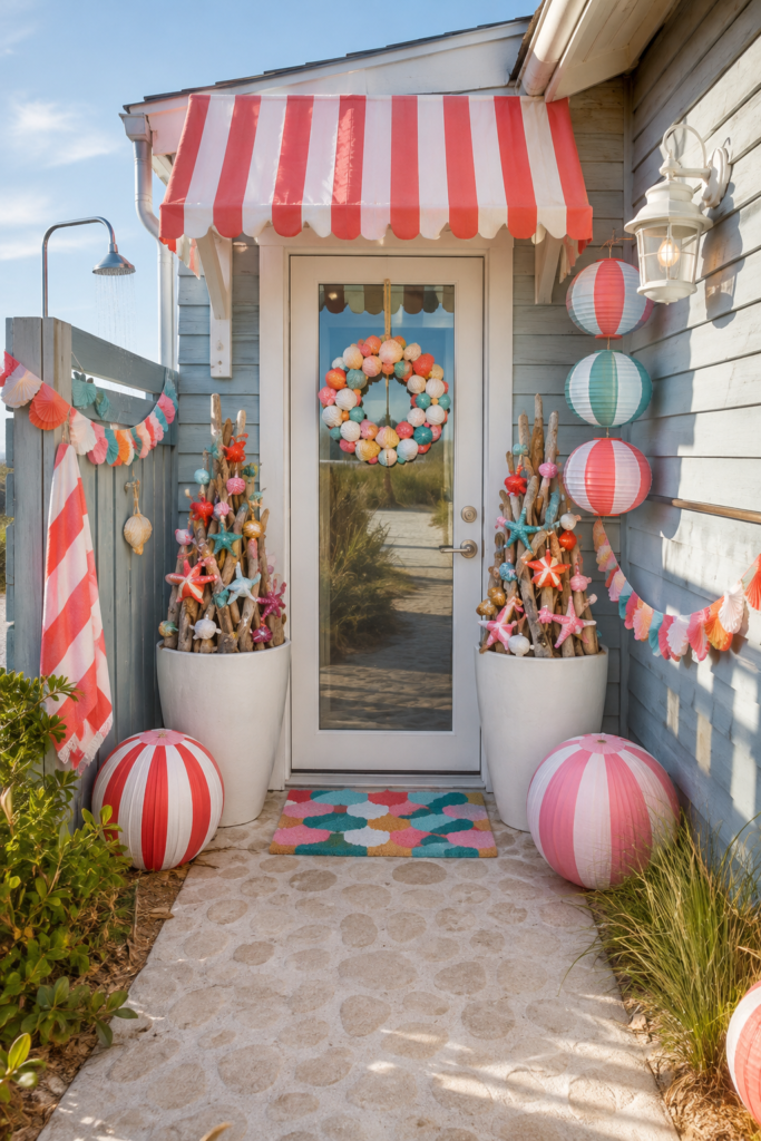 candy-striped beach cottage Christmas entry