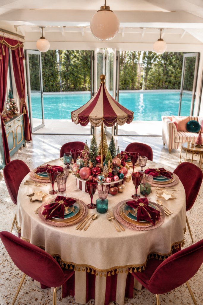 Carousel themed Christmas table setting in pool house