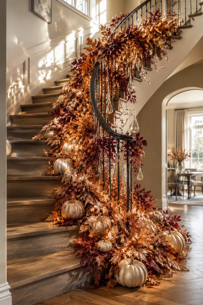 cascading copper leaf fall staircase with burgundy foliage champagne pumpkins lights and glass drops