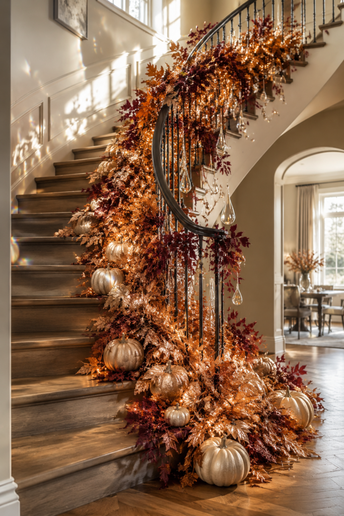 cascading copper leaf fall staircase with burgundy foliage champagne pumpkins lights and glass drops